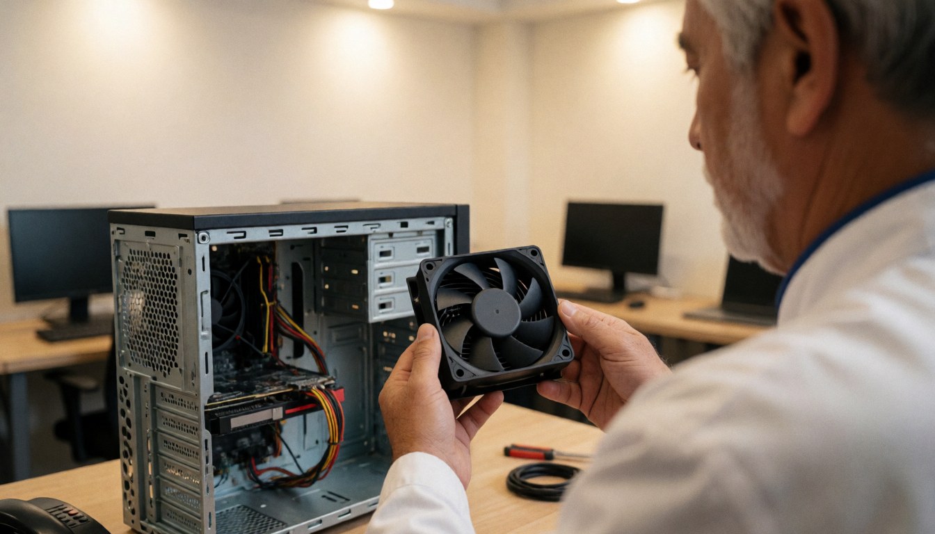 Technicien en train d'installer un ventilateur de refroidissement sur un ordinateur ouvert dans un atelier bien éclairé, offrant des services de réparation électronique.