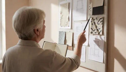 Une organisatrice de mariage examine des échantillons de tissu et des designs sur un tableau, éclairée par la lumière naturelle dans un intérieur aux murs beige.