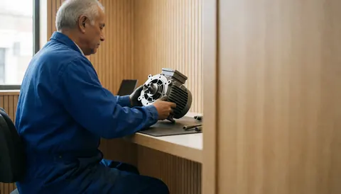 Un technicien en uniforme bleu examine le moteur d'un lave-vaisselle sur une table de travail dans un atelier en bois éclairé par la lumière naturelle.