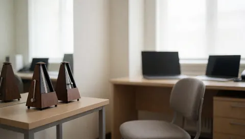 Métronome en bois posé sur une table dans un atelier de théâtre, avec une chaise et un miroir en arrière-plan, éclairage doux et ambiance professionnelle adaptée au texte.