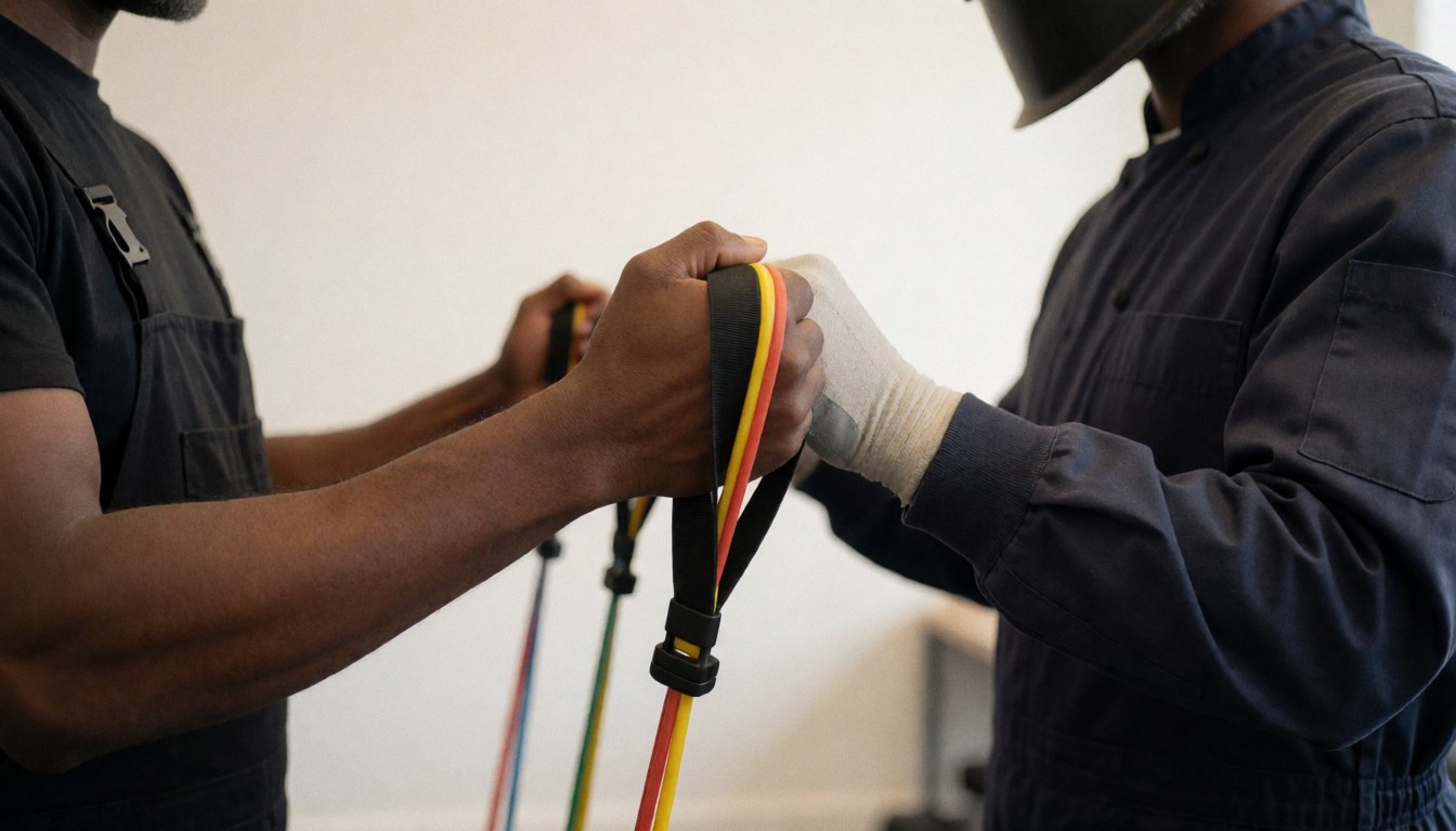Un coach aide un client à s'étirer avec des bandes de résistance colorées dans un gymnase au fond blanc.
