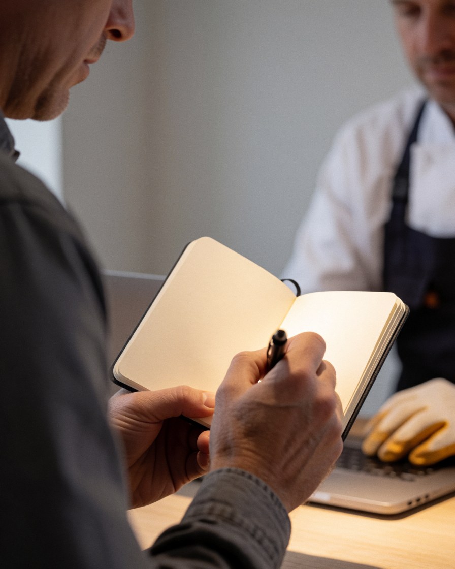 Une cliente prend des notes dans un carnet tout en écoutant un professionnel portant des gants, assis à une table avec un ordinateur portable devant un mur gris clair.