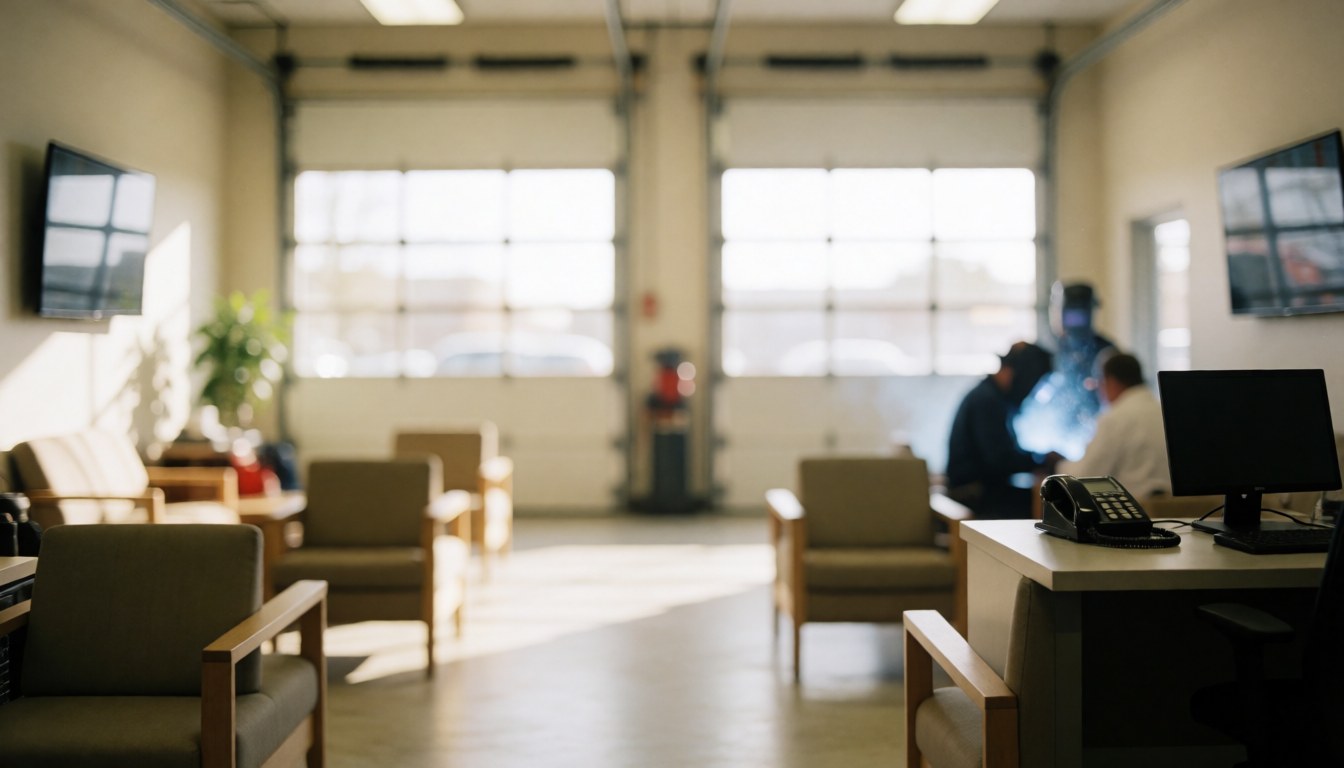 Fond neutre composé de chaises confortables et de portes de garage industrielles, créant une atmosphère calme et accueillante pour les services automobiles.