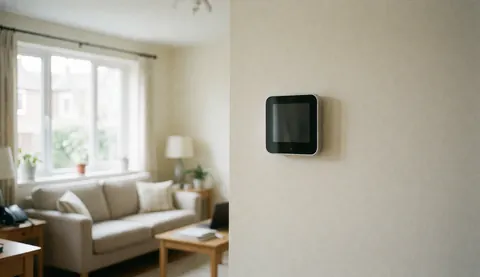 Thermostat connecté monté sur un mur crème avec un salon flou en arrière-plan, adapté à la réparation de chauffage.