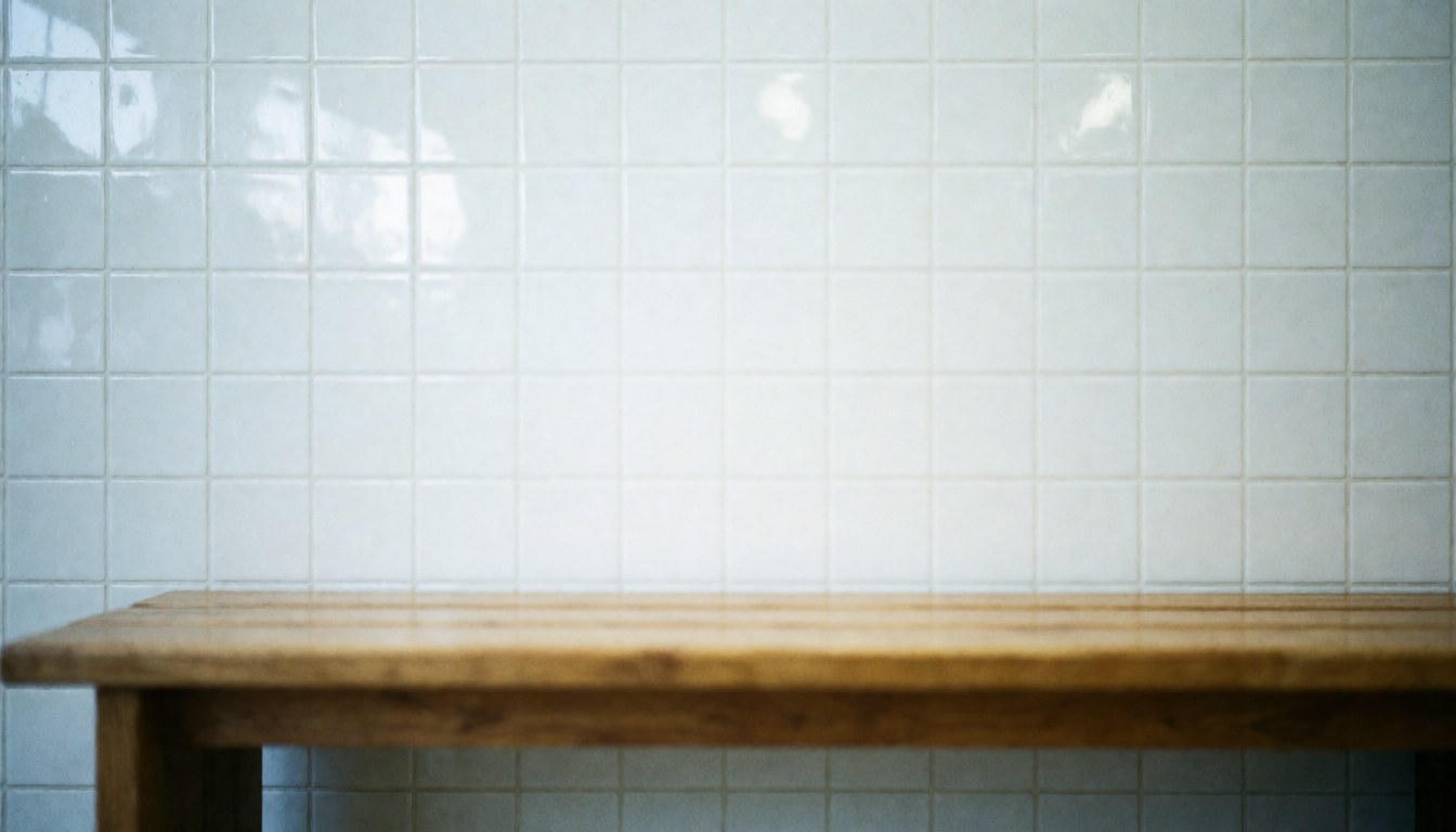 Banc en bois avec grain visible devant un mur de carreaux blancs brillants, servant de fond pour du texte dans un parc aquatique.
