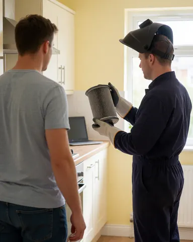 Un technicien en gants montre un filtre de cuisine propre à un client dans une cuisine aux murs jaunes et à la lumière naturelle.