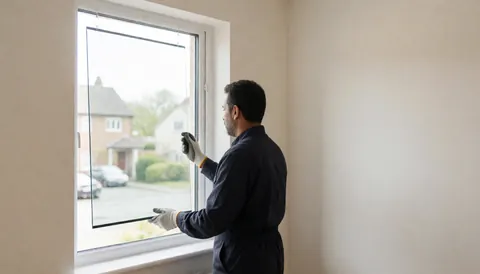 Un technicien pose une vitre basse émissivité dans un cadre blanc, dans un intérieur lumineux aux murs blancs, illustrant un service de réparation de fenêtres.