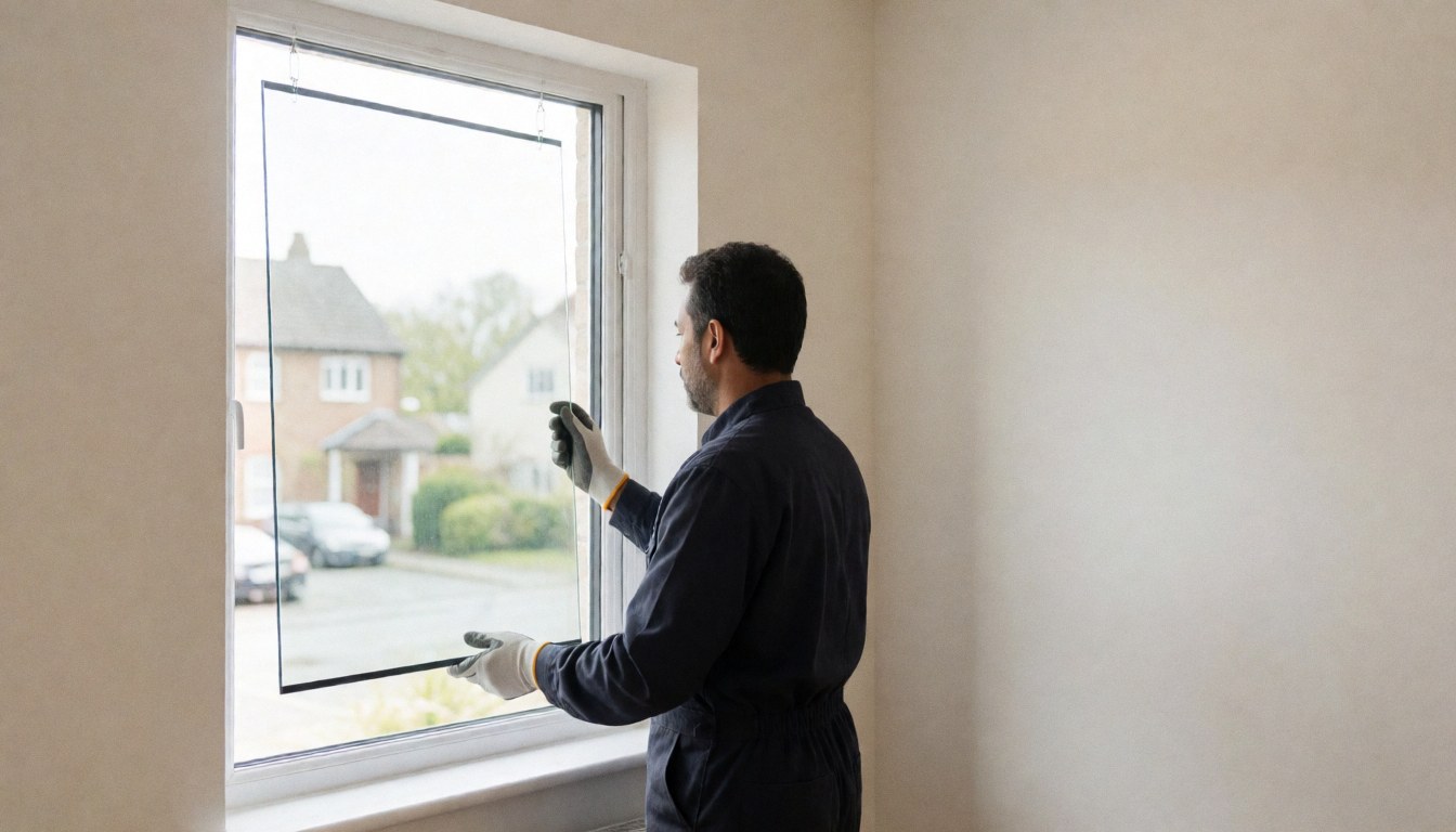 Un technicien pose une vitre basse émissivité dans un cadre blanc, dans un intérieur lumineux aux murs blancs, illustrant un service de réparation de fenêtres.