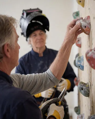 Un professionnel monte des prises sur un mur d'escalade avec des outils tandis qu'un autre travailleur observe en arrière-plan dans un atelier.