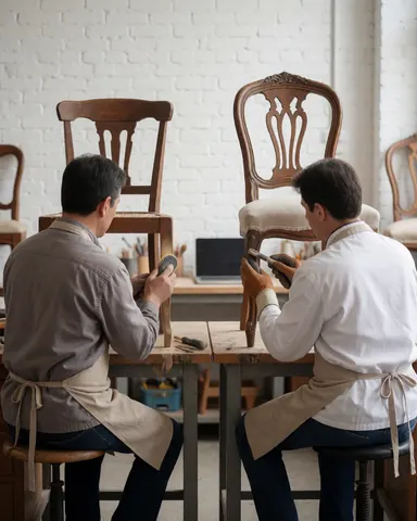 Deux tapissiers restaurent des chaises vintage dans un atelier avec un mur en briques blanches, utilisant des outils de tapicerie.
