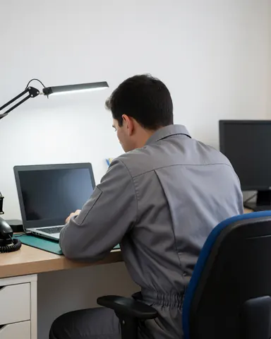 Un technicien en uniforme gris répare un ordinateur portable sur une table de travail dans un bureau propre et ordonné, éclairé par une lampe moderne.