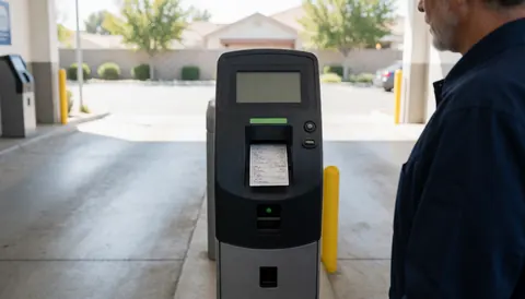 Un homme travaille à l'entrée d'un parking avec un distributeur de tickets affichant un ticket imprimé, sous lumière naturelle.