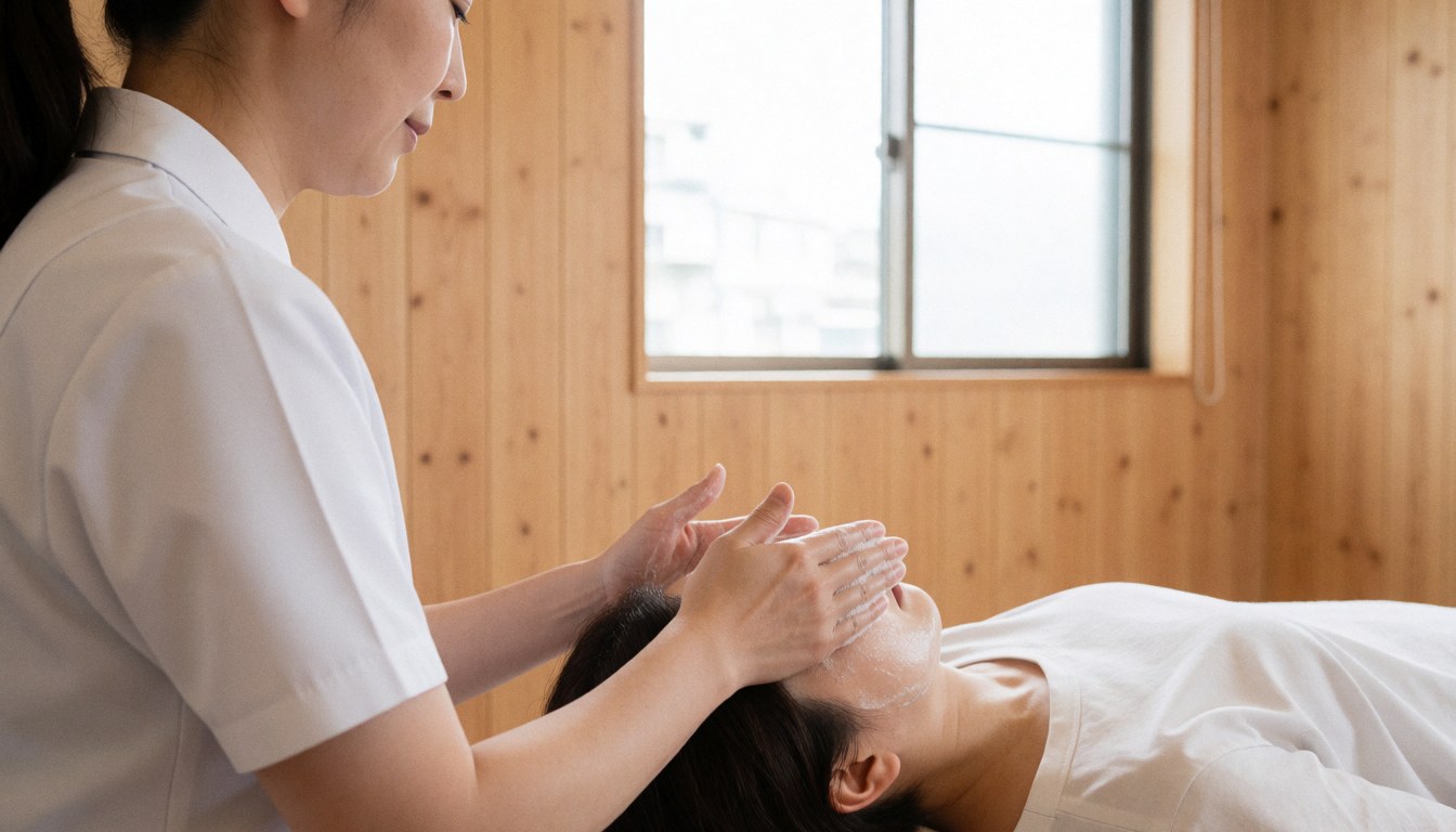 Des mains appliquent un gel facial sur une surface en bois, illustrant un service de soin professionnel dans un cadre naturel et apaisant.