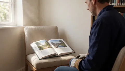 Un homme de dos lit un livre ouvert sur un siège près d'une fenêtre, dans un intérieur calme avec une bibliothèque en arrière-plan.