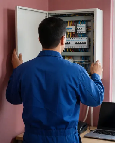 Un technicien en uniforme bleu examine un panneau de contrôle avec des câbles et des interrupteurs sur un mur rose, dans un cadre professionnel.