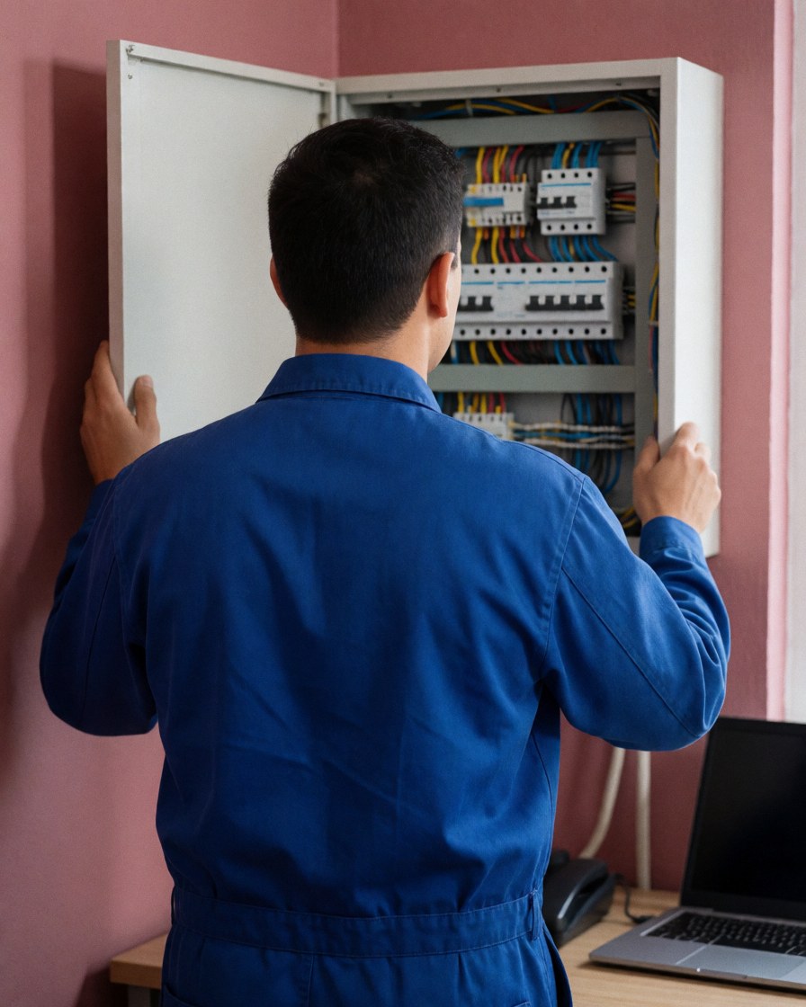 Un technicien en uniforme bleu examine un panneau de contrôle avec des câbles et des interrupteurs sur un mur rose, dans un cadre professionnel.