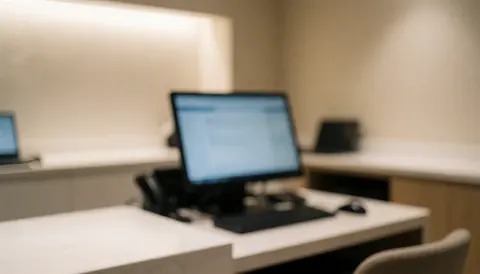 Arrière-plan de bureau flou avec un ordinateur sur un bureau blanc, éclairage chaleureux, idéal pour des textes liés aux services de tourisme.