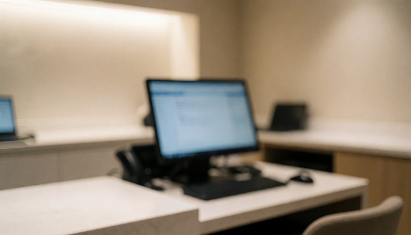 Arrière-plan de bureau flou avec un ordinateur sur un bureau blanc, éclairage chaleureux, idéal pour des textes liés aux services de tourisme.