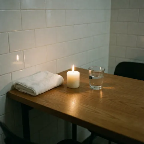 Bougie allumée, serviette blanche et verre d'eau posés sur une table en bois dans une salle de bain aux carreaux blancs, idéale pour des massages corporels relaxants.