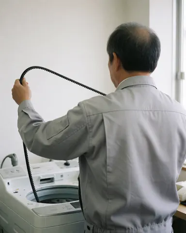 Un technicien en uniforme gris installe une courroie noire sur un lave-linge blanc dans un atelier propre et bien éclairé.