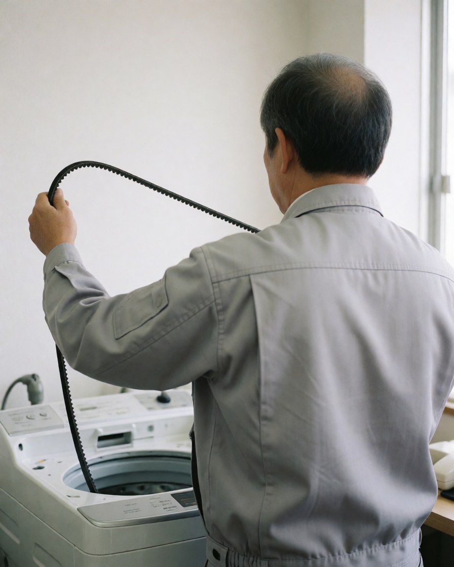Un technicien en uniforme gris installe une courroie noire sur un lave-linge blanc dans un atelier propre et bien éclairé.