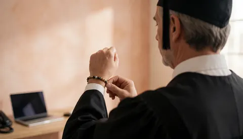 Un diplômé en toge et bonnet ajuste son bracelet de perles dans un studio avec un mur terracotta et une lumière chaude, idéal pour une page d'accueil de site web.