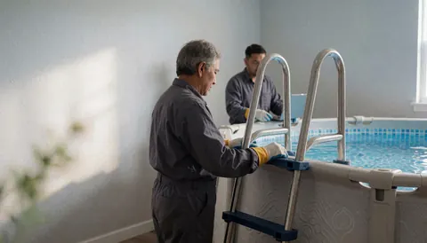 Un ouvrier ajuste une échelle en acier inoxydable sur une piscine enterrée aux murs gris et à l'eau claire.