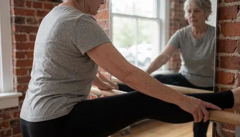 Une femme adulte étire sa jambe sur une barre de danse, son reflet visible dans un miroir, dans un studio aux murs de briques rouges et à la lumière naturelle.