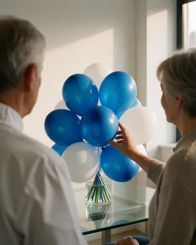Une personne âgée touche un bouquet de ballons bleus et blancs posé sur une table en verre dans une pièce aux murs blancs et à la lumière naturelle.