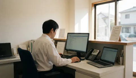 Réceptionniste dans un bureau de piscine publique, travaillant sur ordinateur avec lumière naturelle et téléphone, montrant un environnement professionnel et accueillant.