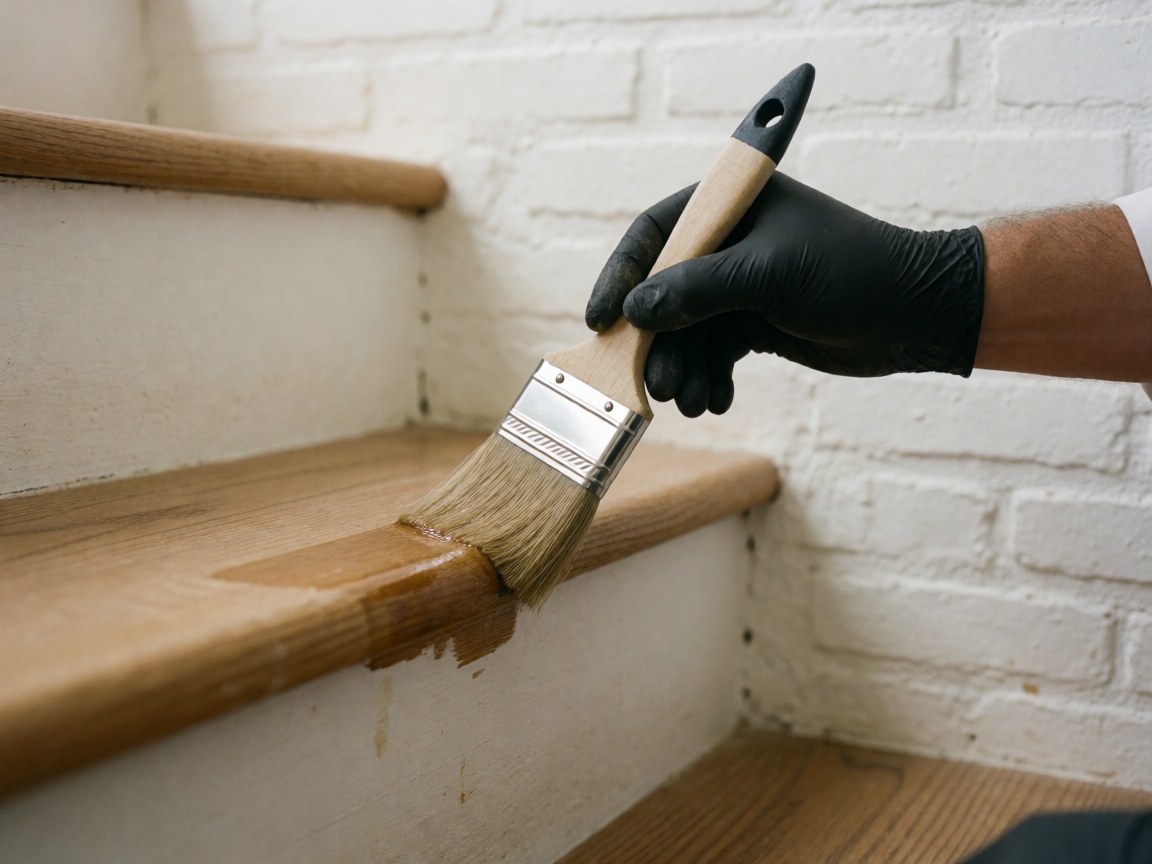 Une main portant un gant noir applique un produit sur une échelle en bois devant un mur de briques blanches, détail d'une réparation.