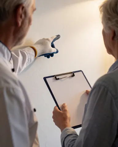 Un technicien portant un gant pointe vers un client qui tient un presse-papiers devant un mur blanc avec une lumière chaude, illustrant la coordination d'un service d'éclairage pour événements.