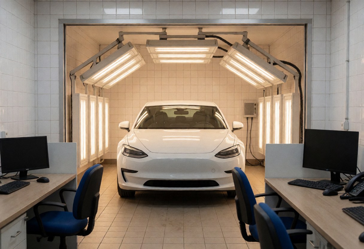 Voiture blanche en station de séchage avec lumières infrarouges, murs de carreaux blancs et sol carrelé, idéal pour entreprise de carrosserie et peinture.