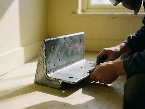Un support métallique percé repose sur le sol d'un atelier tandis que des mains effectuent des travaux sous lumière naturelle, illustrant l'estampage industriel.
