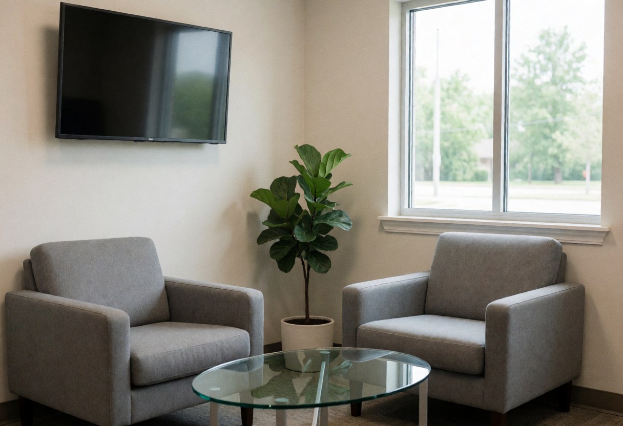 Espace moderne avec deux chaises grises, table en verre, plante et fenêtre laissant entrer la lumière naturelle, idéal pour un local de réparation de chaudières.