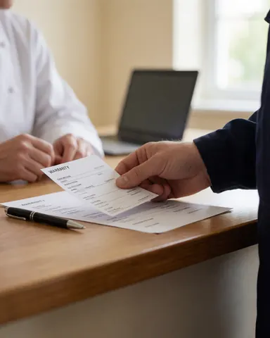 Un technicien remet une facture et une carte de garantie à un client satisfait derrière un comptoir en bois, avec un ordinateur portable et un stylo sur le bureau.
