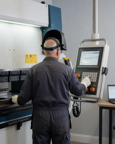 Un travailleur portant un casque de sécurité ajuste une presse hydraulique dans un atelier industriel avec des murs gris et un panneau de contrôle visible.