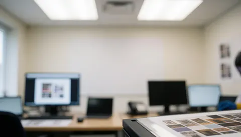 Arrière-plan professionnel d'une salle d'impression avec écrans, épreuves de couleur et lumière douce pour textes.