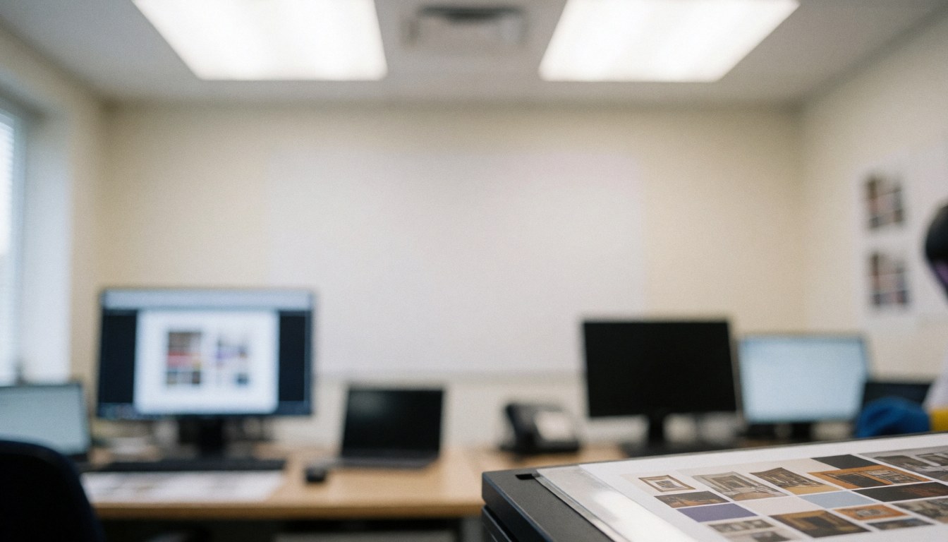 Arrière-plan professionnel d'une salle d'impression avec écrans, épreuves de couleur et lumière douce pour textes.