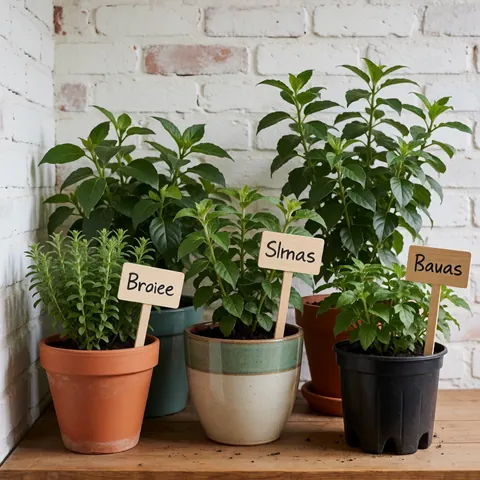 Plantes dans des pots en terre cuite, céramique et plastique posés sur du bois, avec étiquettes, devant un mur de briques blanches pour un parc écologique.