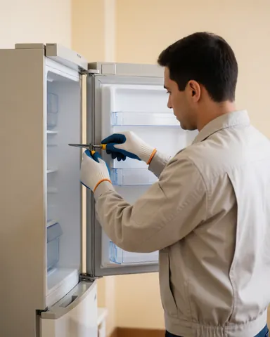 Un technicien professionnel ajuste les charnières d'un réfrigérateur ouvert dans un atelier aux murs beige, lors d'une intervention de réparation d'appareil électroménager.