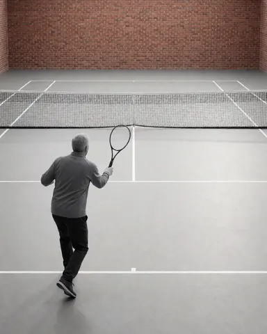 Un homme adulte joue au tennis sur un court neuf avec un mur en briques, illustrant le service d'installation de courts de tennis.