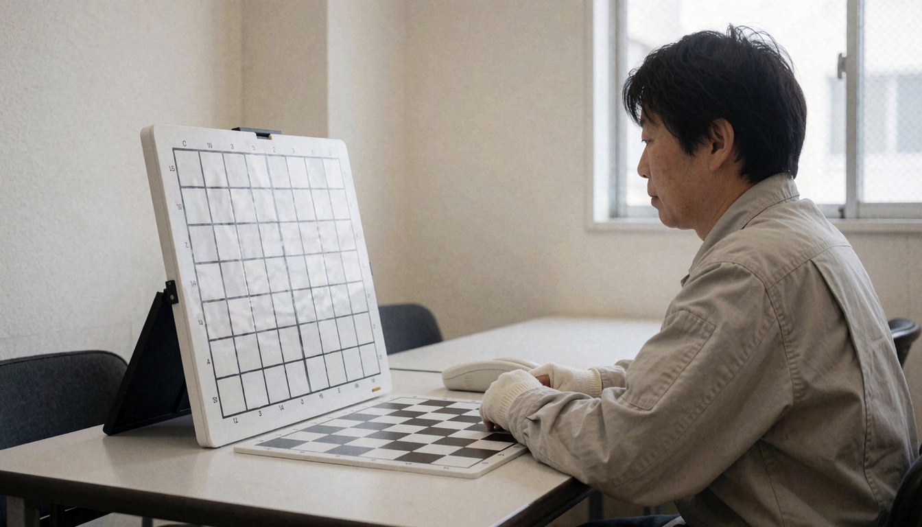 Un adulte joue aux échecs dans une école avec un échiquier magnétique, une lumière naturelle et des murs clairs, idéal pour la page d'accueil d'un site web d'école d'échecs.
