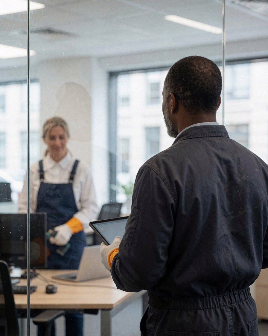 Une cliente examine la propreté d'une vitre dans un bureau moderne, tandis qu'un professionnel en gants et tablier vérifie son travail.