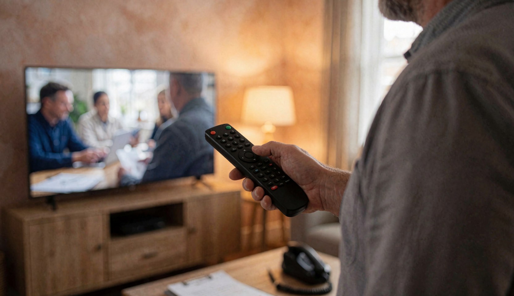 Un technicien tient une télécommande pointée vers un écran de télévision dans un salon lumineux aux murs clairs, laissant de l'espace pour un titre.
