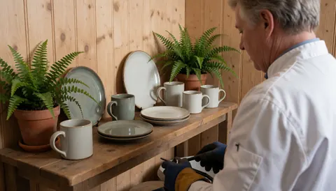 Artiste céramiste dans son atelier avec des mugs et des assiettes en céramique sur une étagère en bois, des murs en bois et des plantes vertes.
