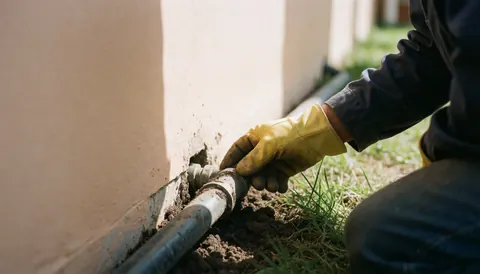 Un plombier avec un gant jaune examine une connexion de tuyau métallique près du mur d'une maison avec un sol en terre et de l'herbe.