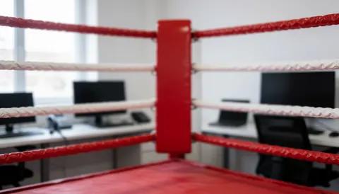 Fond de ring de boxe avec cordes rouges et blanches, idéal pour textes, avec bureau en arrière-plan.
