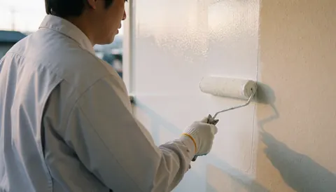 Un ouvrier en uniforme blanc applique une peinture élastomérique au rouleau sur un mur de balcon au coucher du soleil, illustrant un service d'imperméabilisation.