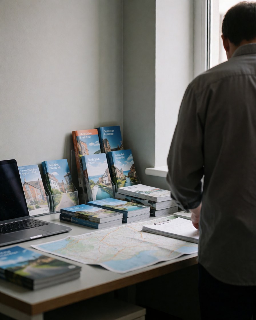 Un professionnel de l'industrie du tourisme organise des guides et une carte sur un bureau dans un bureau aux murs gris avec une lumière naturelle.